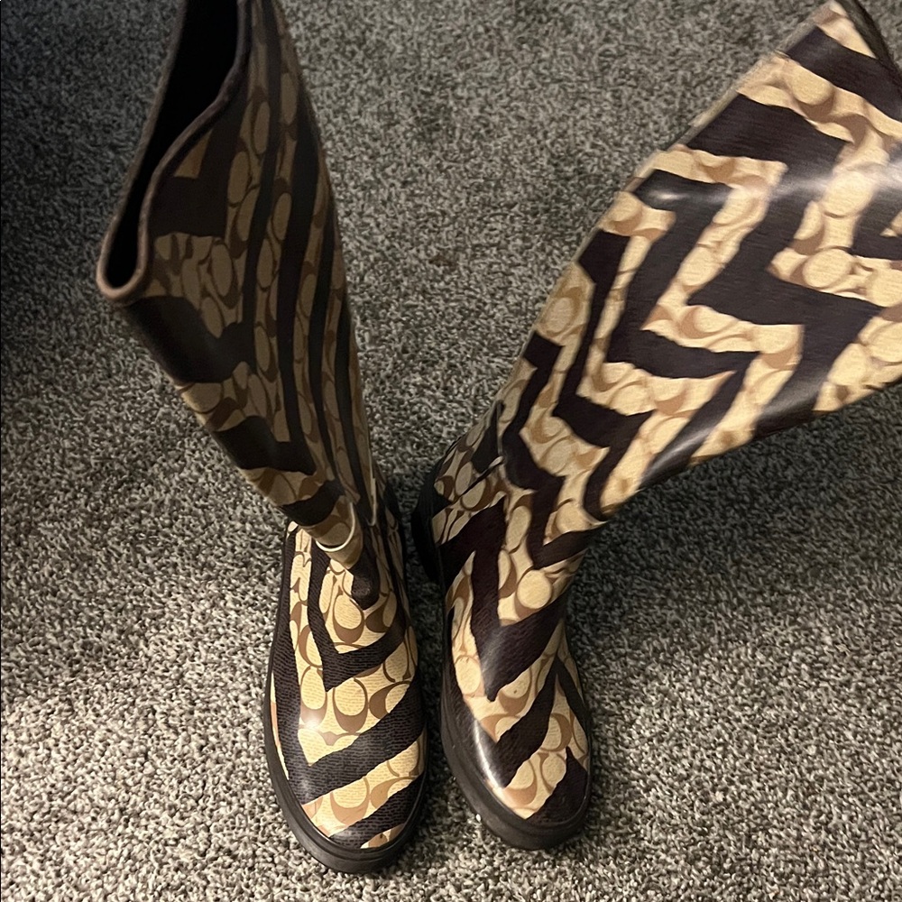 Coach Brown and Tan Signature Pattern Knee Boots